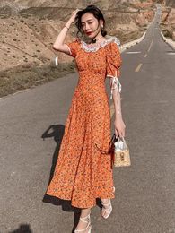 Party Dresses Vintage Bohe Orange Flower Print Lace Women's Short Sleeve Sundress Elegant Summer Backless Bandage Dress Ladies