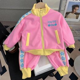 Clothing Sets Cute Girls Zipper Coats Tops Pants 2Pcs Spring Fall Casual Contrast Colour Long Sleeve Jacket Kids Tracksuit Children Clothes