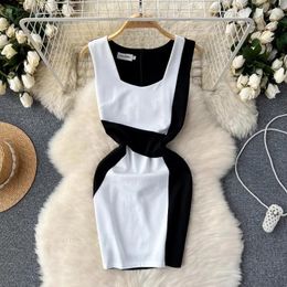 Casual Dresses Korean Fashion For Women Sales O-neck Colour Patchwork Sleeveless Skinny Dress Summer Female Vestidos Dropship