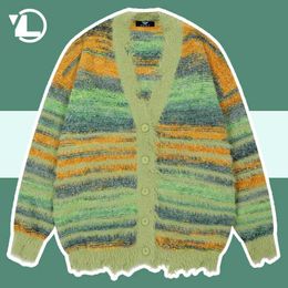 Men's Jackets Winter irregular knitted sweater mens loose striped cardigan color block oversized sweater womens Y2K Harajuku knitted jacket topL2405