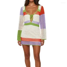 Casual Dresses Women Striped Crochet Colour Block Knit Dress Hollow Out Swimsuit Cover Ups Beach Sundress