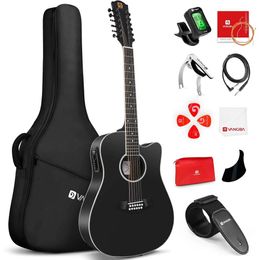 Vangoa 12 String Guitar Acoustic Electric Cutaway Guitarr Bundle for Beginner Adults Teens Spruce Top Bone Nut Upgraded Starter Kit Black Matte