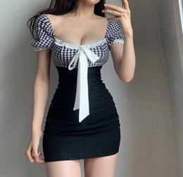 WOMENGAGA Summer Tops French Korean Square Collar Puff Sleeve Lace Girlish Plaid Fake Two T Shirt Mini Dress Dresses 88KP 2106038789642