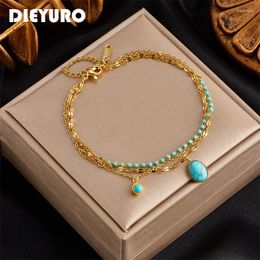 Charm Bracelets DIEYURO 316L Stainless Steel Bohemian Green Stone Bracelet For Women Vintage Multilayer Chain Girls Wrist Jewellery Gift