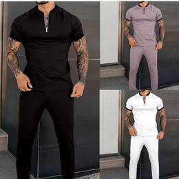 Summer Mens Suit Lapel Zipper ShortSleeved POLO Shirt Stylish Slim Pants Solid Color Casual 2 Pieces Sets Sportswear 240507