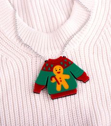 2021 Christmas Sweater Pendant Necklace for Women Gingerbread Man Chain Girls Kids Cute Trendy Jewellery Acrylic Accessories9789802