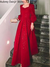 Casual Dresses Elegant Red Sequins Midi Dress Women Vintage V-neck Formal Occasions Evening Party Fashion Chic Design In