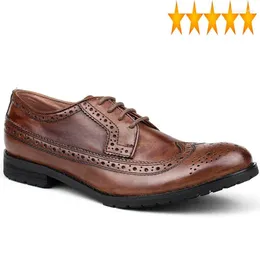Casual Shoes Style England Top Retro Quality Mens Cow Genuine Leather Brogue Male Lace Up Round Toe Breathable Wing Tip