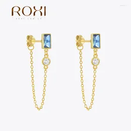 Stud Earrings ROXI 925 Sterling Silver Square Blue Zircons 5.5cm Dangle Chain Tassel For Women 1Pair Simple Earring Jewellery Gifts