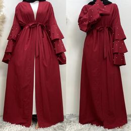 Ethnic Clothing Design 2024 Modest Fashion Simple Pearl Kimono Red Open Abaya Muslim Islam Model Dubai Flare Sleeve Dress