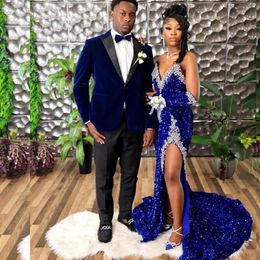Sparkly Royal Blue Mermaid Prom Dress High Slit For Black Girls Sequins Crystals Beaded Party Prom Gala Gow