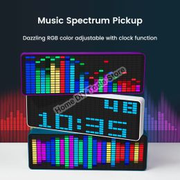 Clocks Dazzling RGB Rhythm Pickup LED Music Spectrum Rhythm Display Voice Control Level Indicator Atmosphere Light Electronic Clock