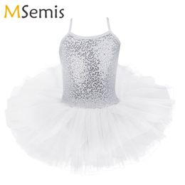 Kid Girls Shiny Sequined Tutu Dress Ballerina Dancewear Clothing Gymnastics Leotard Dress Professional Ballerina Dancing Costume 240509