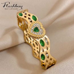 Bangle Flashbuy Trendy Green Zircon Cube Love Heart Stainless Steel Bangles Bracelets for Women New Design Wrist High Quty Jewelry T240509