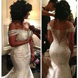 2020 Portrait Mermaid Beaded Backless Off Shoulder Bride Gowns Sexy Wedding Dresses Rhinestones Bridal Vestidos Plus Size Party Wear 0509