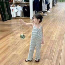 Trousers Children Clothing Kids Jumpsuit 2024 Korean Style Girls Summer Striped Suspender Romper Casual Knit Pants Thin Clothes