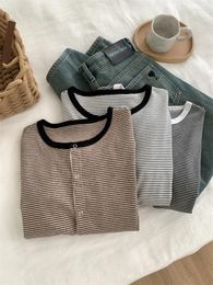 Women's T Shirts Korean Striped Contrasting Round Neck Cardigan For Women Loose Casual Slimming Spring Long Sleeve Tee
