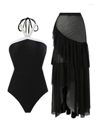 Women's Swimwear Elegant Solid Colour Women Beach Swimsuit One Piece Black Beaded Neck Tie Ruffled With Mesh Perspective Cover Up Skirt