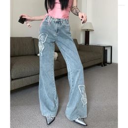 Women's Jeans Vintage Butterfly Embroidery All-match Washed Women 2024 Summer Korean Loose Casual Light Blue Wide Leg Pants