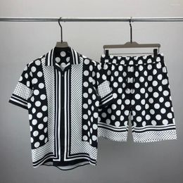 Men's Casual Shirts 2024 Summer Short Sleeve Shorts Suit For Men Vintage Black And White Polka-dot Print Hawaiian Beach High Quality
