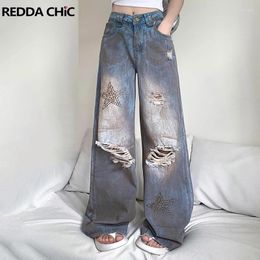 Women's Jeans ReddaChic Destroyed Dirty Wash Baggy Women Vintage Blue Oversize High Waist Studded Star Wide Leg Pants Y2k Streetwear