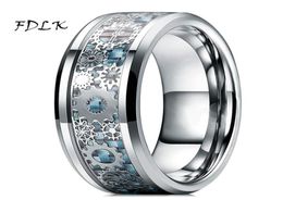 Wedding Rings Mens Steampunk Gear Wheel Stainless Steel Ring Dragon Inlay Light Blue Carbon Fiber Gothic Band Size 6136116113