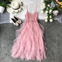 Casual Dresses Sexy Dress Women 2024 Mid-long Knitted Patchwork Puffy Cake For Summer Women's Clothing Sling Gauze Vestidos