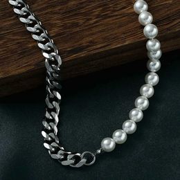 Chains Pearl Necklace for Men-Half Pearl Half Chain Necklaces Cuban Link Chains for Men Stainless Steel Jewelry d240509