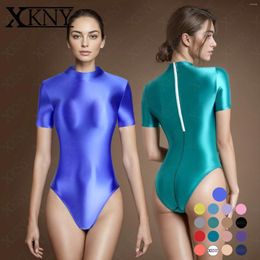 Women's Swimwear XCKNY Satin Glossy Tights Oil Silky Smooth Back Zipper Short Sleeve Swimsuit Yoga Sportswear Solid Colour BODYSUIT