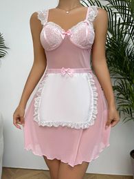 Summer Women Lace Splice Pink Nightgown Tight Sexy Cute Nightdress Maid Outfit Pajamas Wear Lingerie at Home 240423