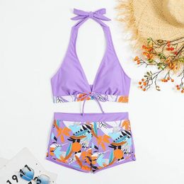 Women's Swimwear 1 Set Bathing Suit High Waist Fashion Print V Neck Halter Women Clothes Ladies Bikini