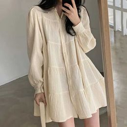 Basic Casual Dresses Two Piece Dress Long sleeved dress for womens spring cute solid A-line pleated Korean almond fashionable retro lapel dressL2405