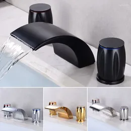 Bathroom Sink Faucets Black Faucet 3 Holes Basin Waterfall And Cold Water Bathtub Split Washbasin Mixer Taps Three Piece Set