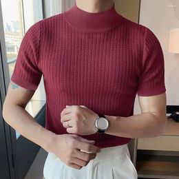 Men's T Shirts Men Short Sleeve Knitted Sweater 2024 Spring Turtleneck Solid Color Casual Stretched Slim Fit Homme Pullovers Clothing