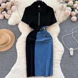 Casual Dresses Vintage Patchwork Denim Dress For Women Slim Waist Tunic Robe Femme Fashion Y2k Spring Short Sleeve