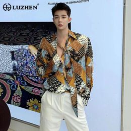 Men's Casual Shirts LUZHEN Printed Pattern Temperament Ribbon Silk Loose Long Sleeved Shirt Elegant 2024 Spring Korean Fashion Tops LZ3098