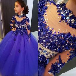 2023 High Neck Girls Pageant Dresses For Weddings Long Sleeve Royal Blue Beads Flower Girl Floor Length Kids Birthday Communion Dress 0509