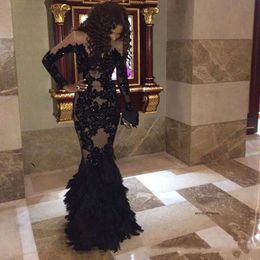 Black Feather Prom With Long Sleeves Sheer Champange Arabic Evening Real Tulle Mermaid Formal Dresses Gowns Plus Size 0509