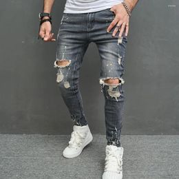 Men's Jeans Ripped Skinny Men Pencil Pants Stylish Male Hip Hop Speckle Ink Printed Holes Distressed Stretch Denim Trousers For