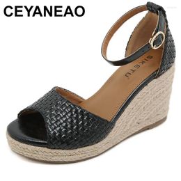 Sandals Women Wedges PU Round Toe Buckle Strap Summer Weave Large Size Sand Fashion Bohemian Shoes