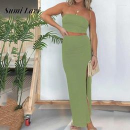 Work Dresses Elegant Long Skirt Slim Party Two Piece Suits Sexy Bustier Sleeveless Top And Outfits 2024 Summer Fashion Solid Sets