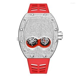 Wristwatches Pintime Original Luxury Full Diamond Iced Out Watch Bling-Ed Rose Gold Case Red Silicone Strap Quartz Clock For Men 253H