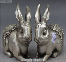 christmas Chinese Auspicious Silver Carving Zodiac Year Rabbit Rabbits Animal Statue Pair halloween3141262