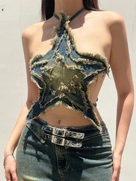 Weeeep Distressed Star shaped Crop Top Panel Y2k Grunge Lace Up Backless Tight Top Womens Summer Street Clothing Denim Shirt 90s 240508