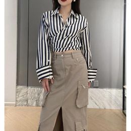 Women's Blouses Striped Wrap Cropped Top Cotton Blended Long Sleeve Short Shirt 2024 Spring/Summer In Casual Woman Clothing