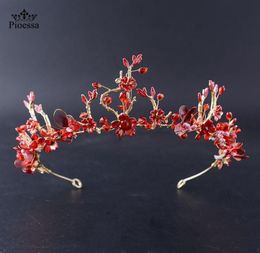 Hair Clips Barrettes Baroque Handmade Elegant Crystal Crown Tiara Red Princess Rhinestone Ornaments Hairband Prom Bride Wedding 1082506