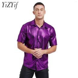 Men's Dress Shirts Mens Metallic Glossy Breathable Disco Party Shirt Turn-Down Collar Short Sleeve Button Tops For Nightclub Stage