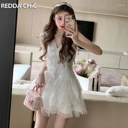 Casual Dresses REDDACHiC Mediaeval Retro White Lace Mini Dress Women Sleeveless V-neck Spliced Petal Embroidered Princess Party Desire