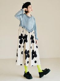 Casual Dresses IMAKOKONI Original Design Long-sleeved Blue Flower Match Colour Dress Female Autumn And Winter Mid-length For Women 223894