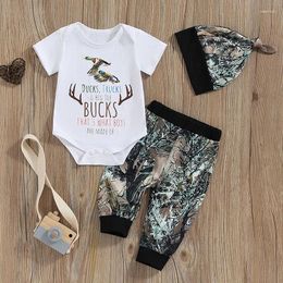 Clothing Sets 0-18M Toddler Baby Boys 3PCS Outfit Clothes White Short Sleeve O Neck Romper Pattern Print Pants Hat